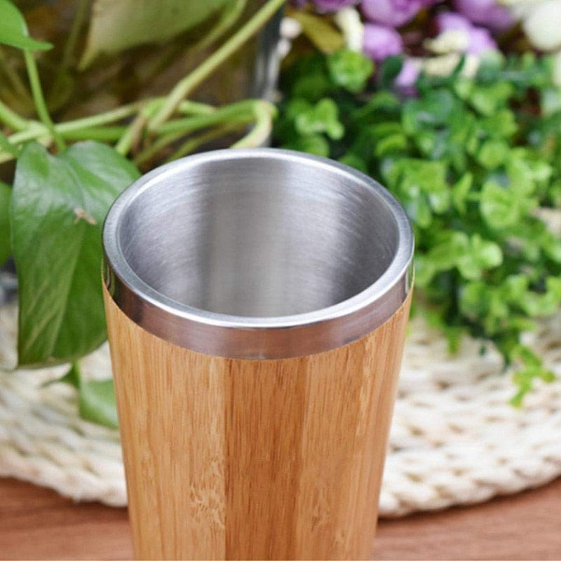 Stainless Steel Bamboo Mug With Lid and Handle Natural Wooden Light Coffee Tea  Mug Non-breakable Design 100% Eco and Environmentally Safe 